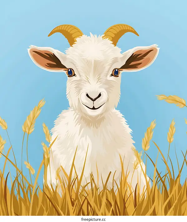 Cute Baby Goat Illustration With Yellow Horns In The Grass
