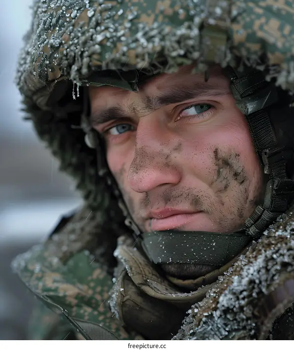 Portrait of a Russian soldier in winter camouflage