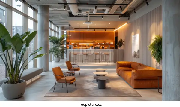 Modern Office Interior with Vibrant Orange Accents and Plants