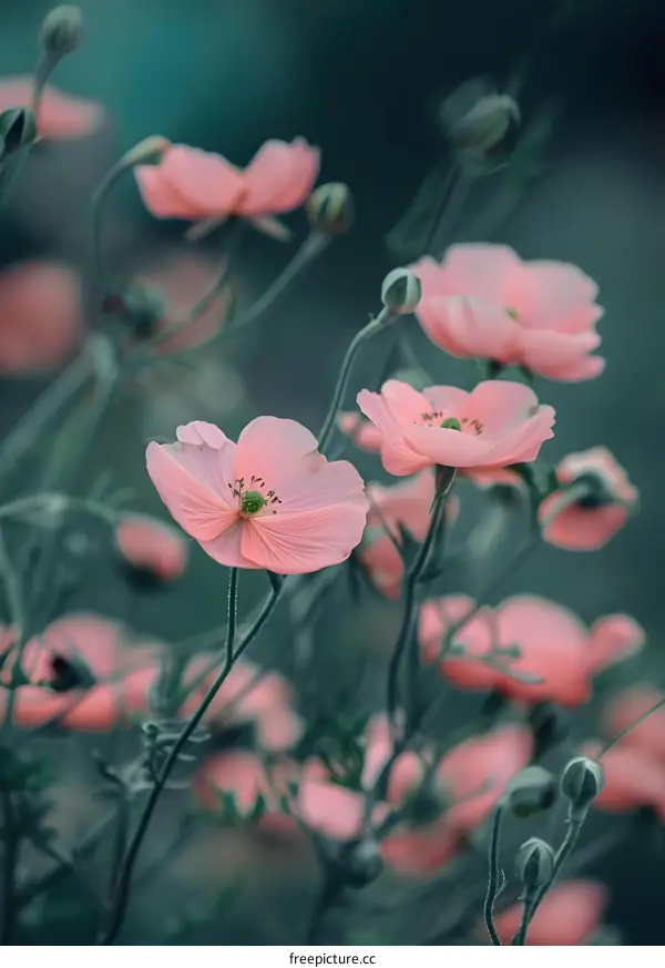 Pink Flowers in Bloom, Green Background
