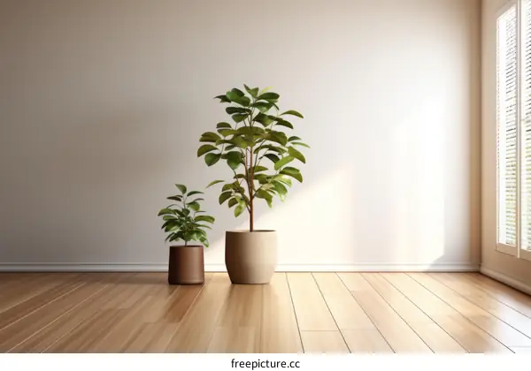 Two rubber trees in pots, side-by-side, in a room with white walls and wood floors