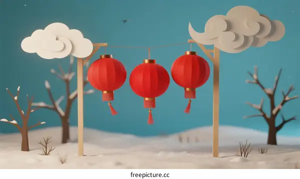 Red Chinese Lanterns Hanging in Snowy Winter Landscape