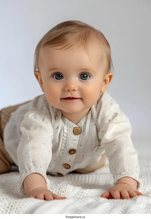 Adorable Baby Girl Crawling on White Blanket