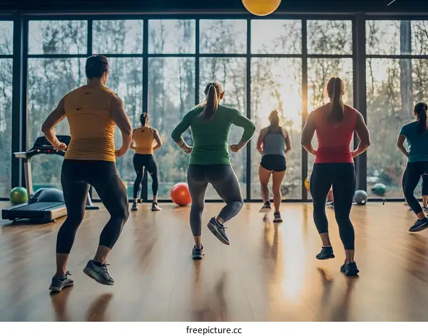 Women Exercising in a Fitness Studio with Large Windows