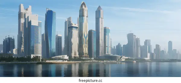 Modern Urban Skyline with Futuristic Skyscrapers by Waterfront