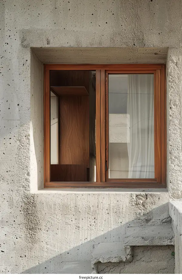 Small wooden-framed window on a rough concrete wall