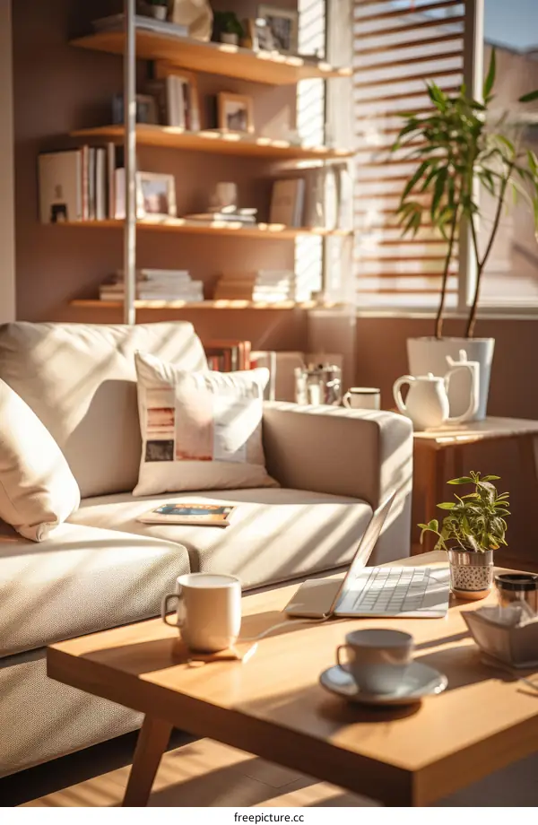 A cozy living room with a couch, coffee table, and bookshelves