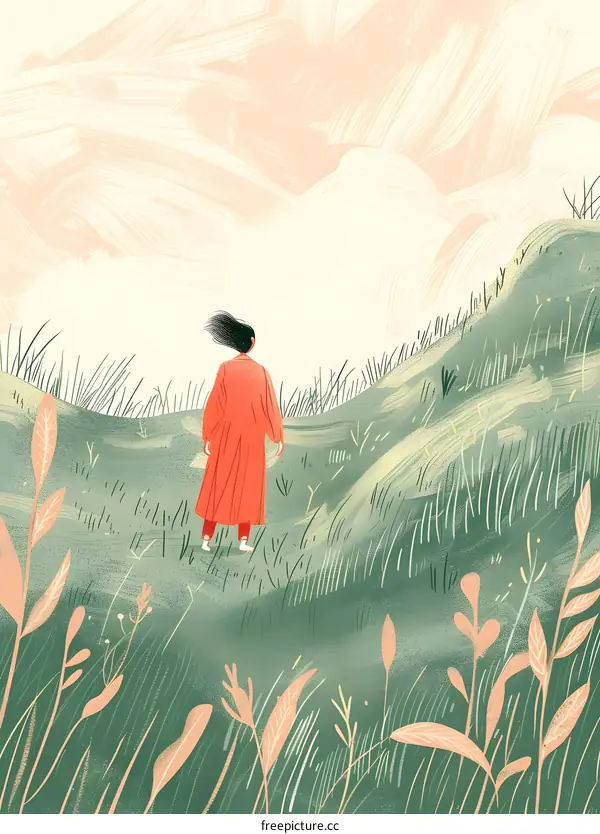 Woman in Red Coat Walking on Green Grass Hill