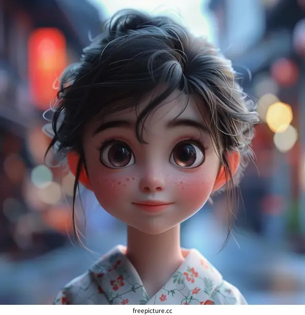 Young Girl in Traditional Japanese Kimono Illustration