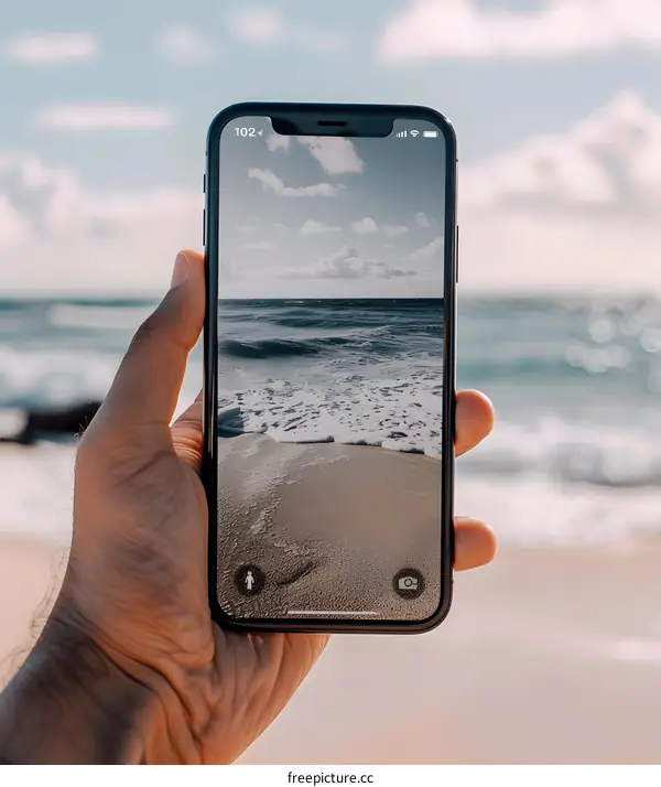 Hand Holding Phone With Beach Photo