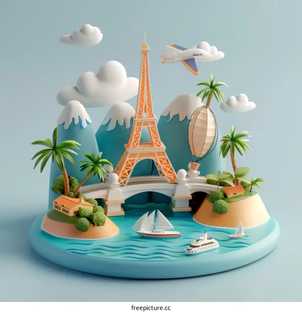 3D illustration of a cityscape with the Eiffel Tower.