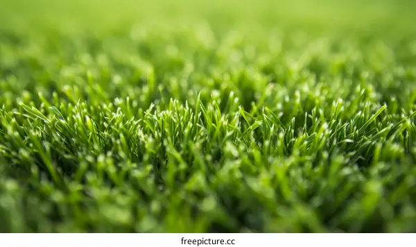 Close-up of green grass field with blades of grass in focus