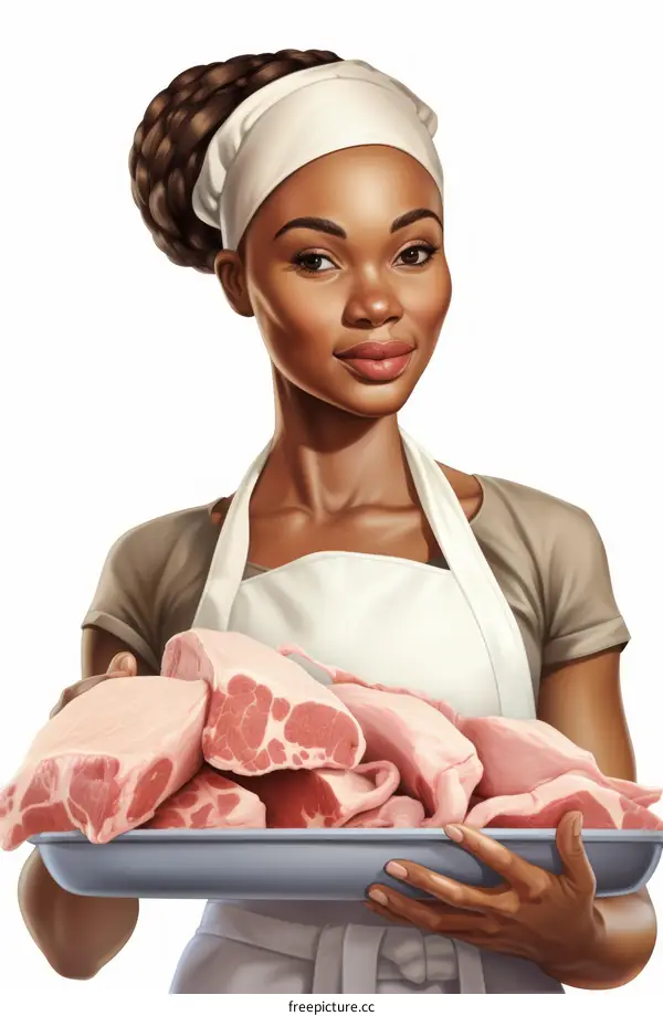 Black female butcher holding a tray of meat