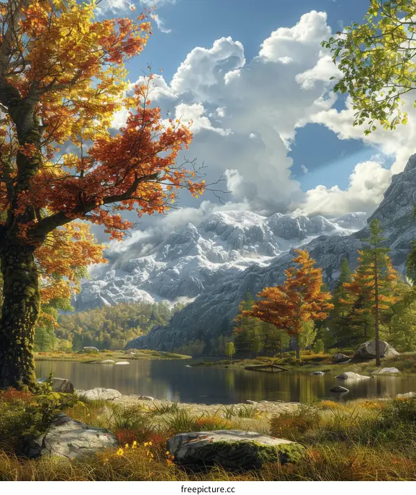 colorful autumn trees and mountains landscape