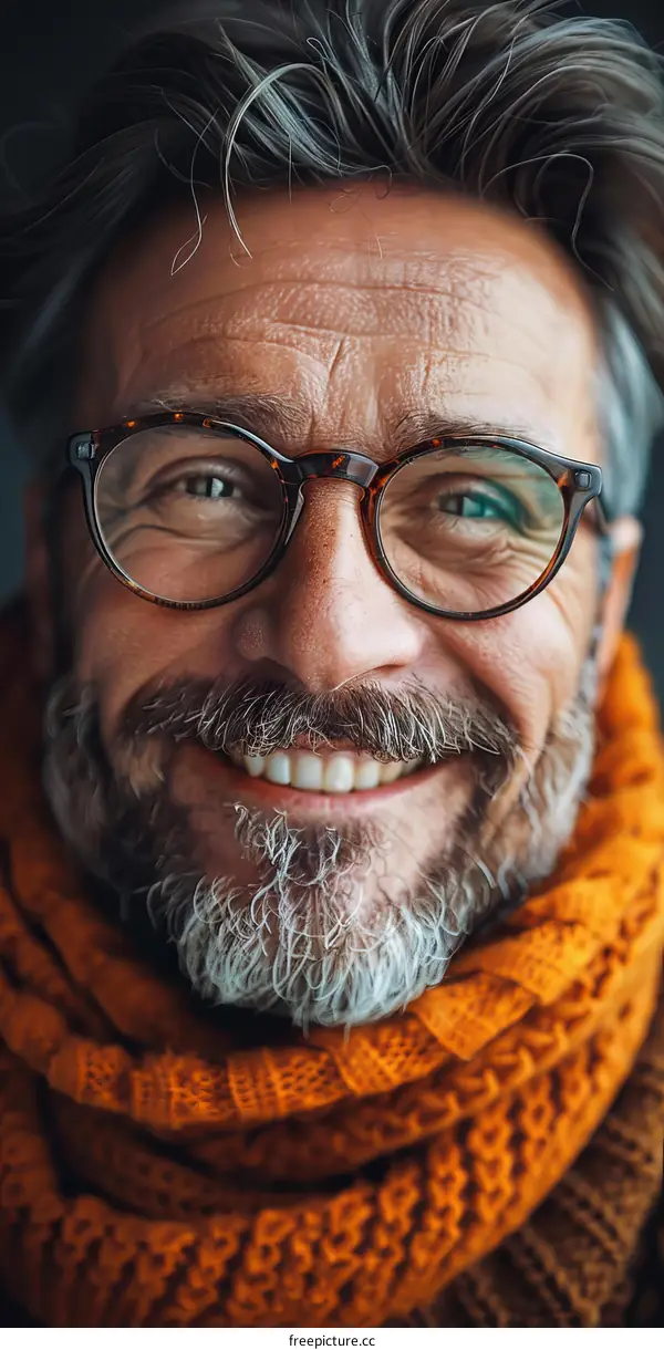 Close-up Portrait of a Smiling Man with Glasses and Scarf
