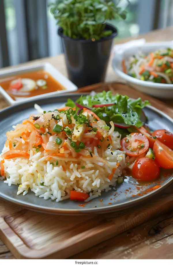 Rice dish with vegetables and tomato salad