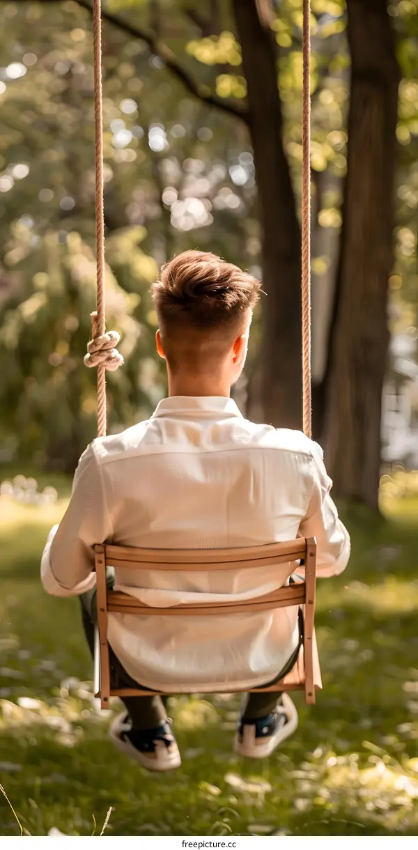 Young Man Sitting on a Swing in a Park