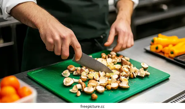 Chef Chopping Mushrooms in a Kitchen
