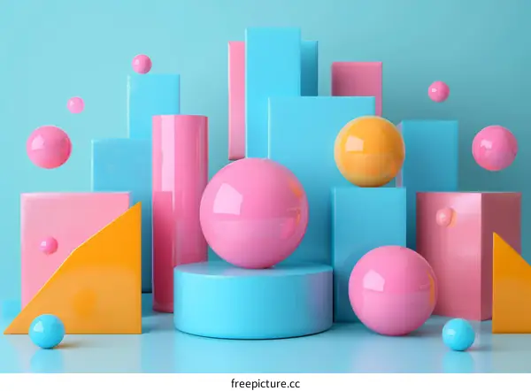 Pastel Pink Blue Geometric Compositions with Cylinder Podiums and Spheres