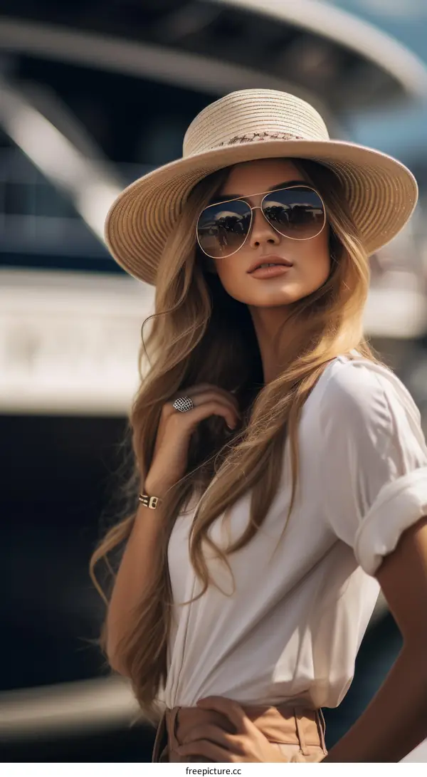Portrait of a woman in a hat and sunglasses standing in front of a yacht