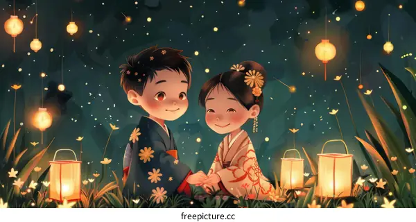 Young Couple Celebrating under the Starry Sky with Lanterns