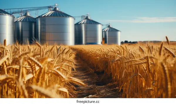 Golden wheat field and grain silos in the distance