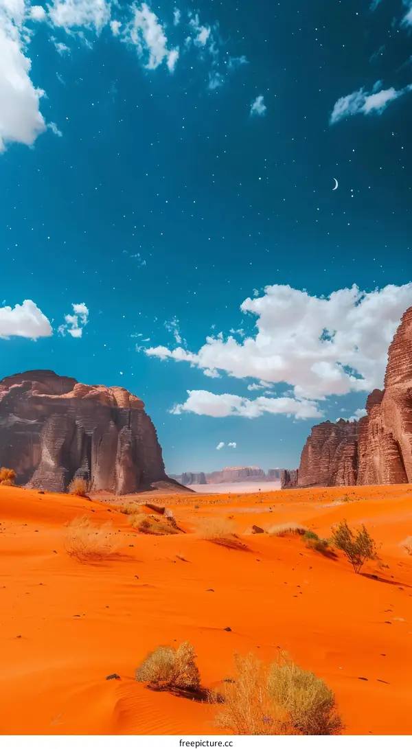 A beautiful desert landscape with red sand, mountains, and a blue sky