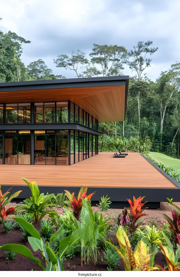 Modern Glass House with Wooden Deck and Lush Tropical Greenery