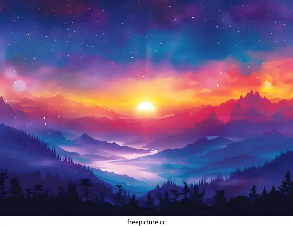 Sunset Over Mountains and Rivers