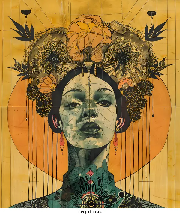 Woman with Flower Crown and Tattoo Art