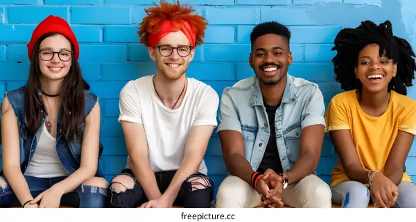 Happy Diverse Group Of Friends Sitting Together Against A Blue Brick Wall