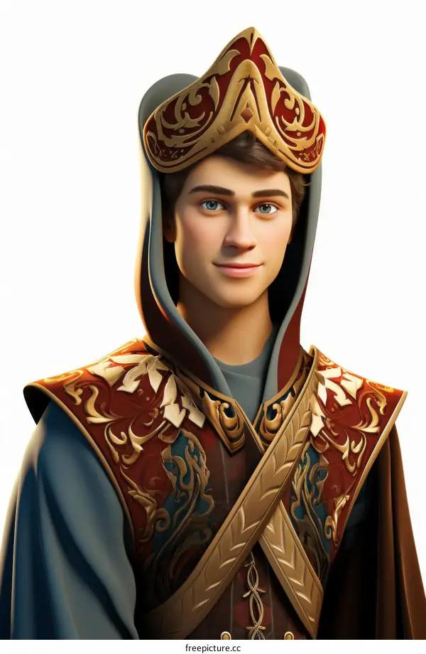 Portrait of a young man wearing a red and gold headdress