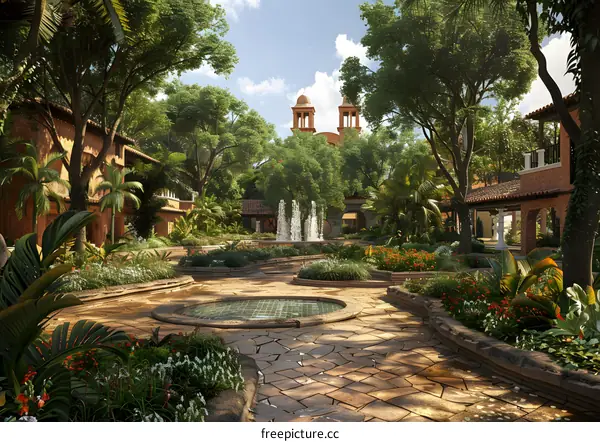 Courtyard with fountain and tropical plants