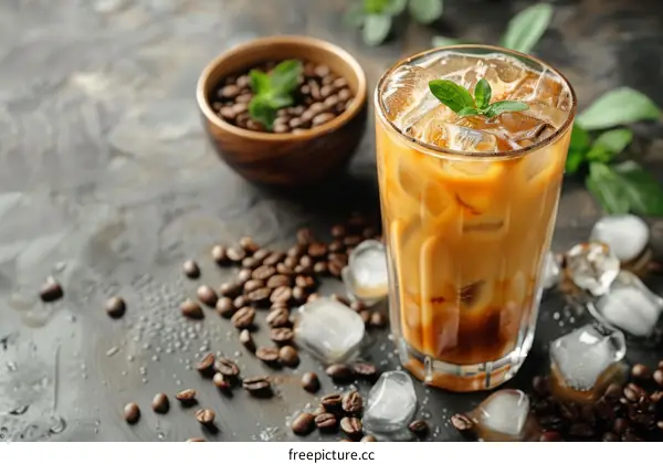 Iced coffee in a tall glass with ice cubes and coffee beans on the table