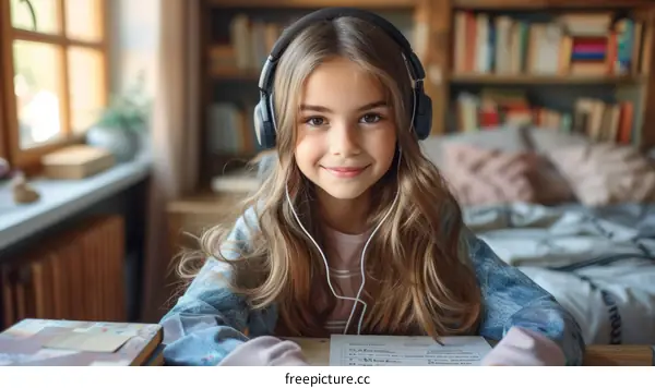 Girl with Headphones Studying at Home