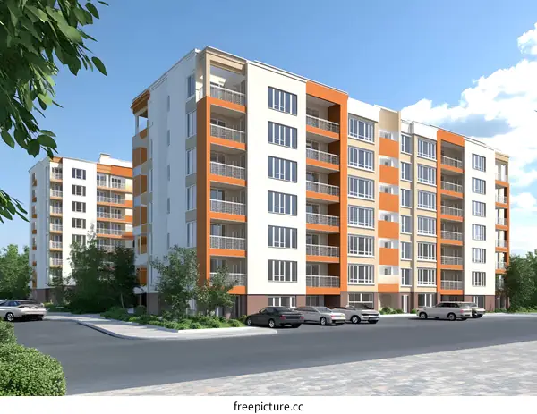 Modern Apartment Building With Balconies And Parking Lot