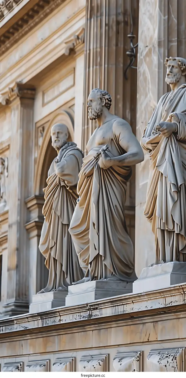 Statues of Men in Ancient Robes on Building Facade