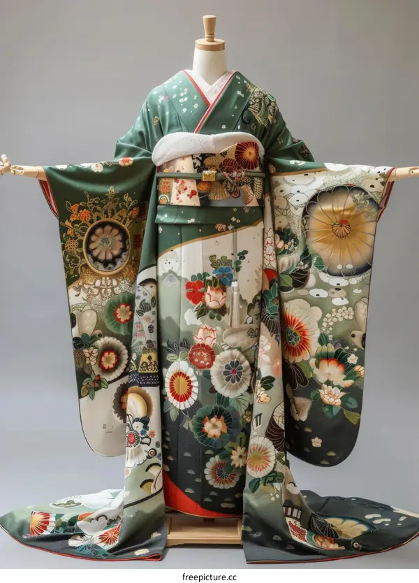 A woman wearing a green kimono with floral patterns