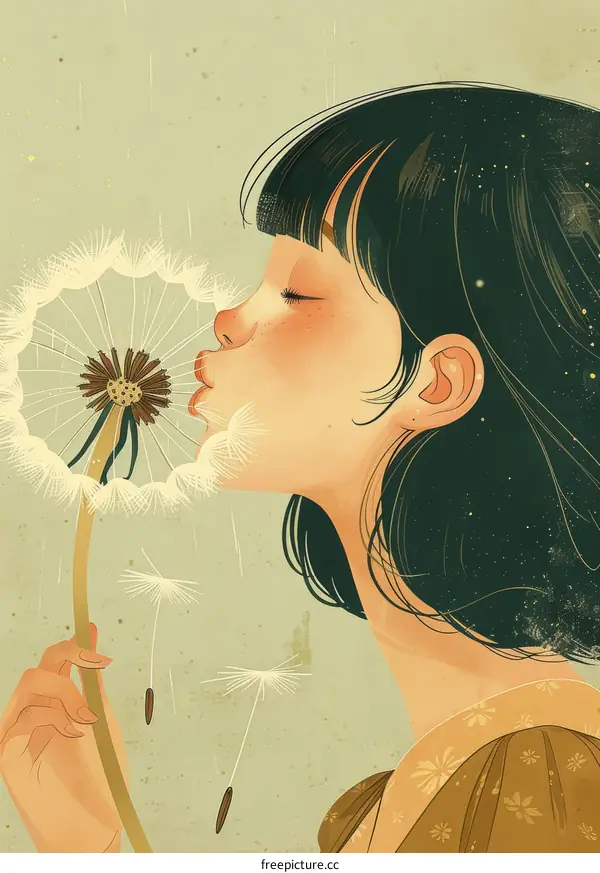Asian Girl Blowing a Dandelion
