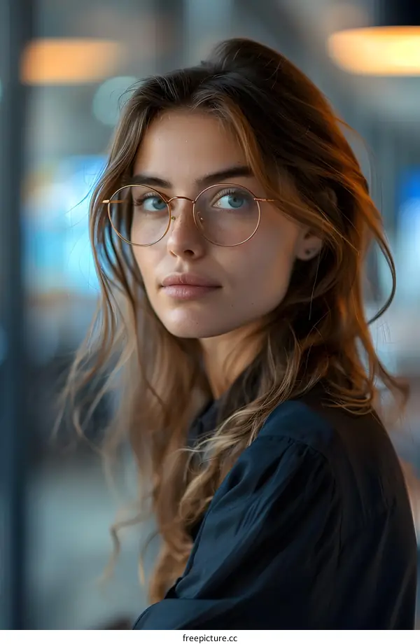Young Woman with Glasses and Flowing Hair
