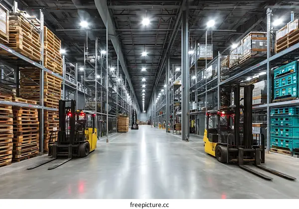 Modern Warehouse with Forklifts and Pallets