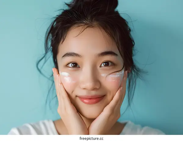 Smiling Asian Woman with Sunscreen on her Face