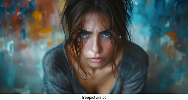Portrait of a young woman with blue eyes and brown hair