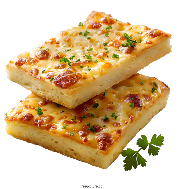 [Transparent Background PNG]Two slices of focaccia with melted cheese and parsley