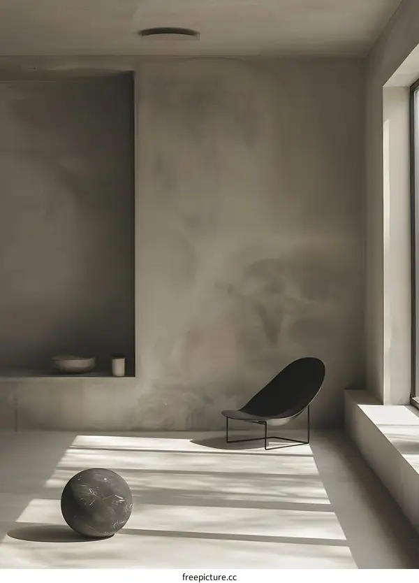Minimalist Interior Design with Black Chair and Round Stone Sphere