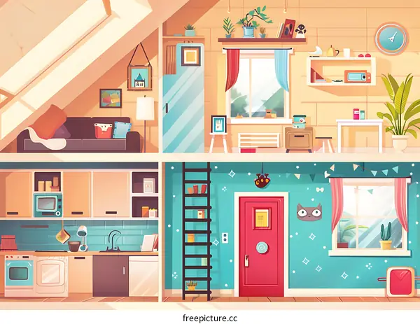 Cartoon Illustration of a Modern Home with a Living Room Kitchen and Bedroom