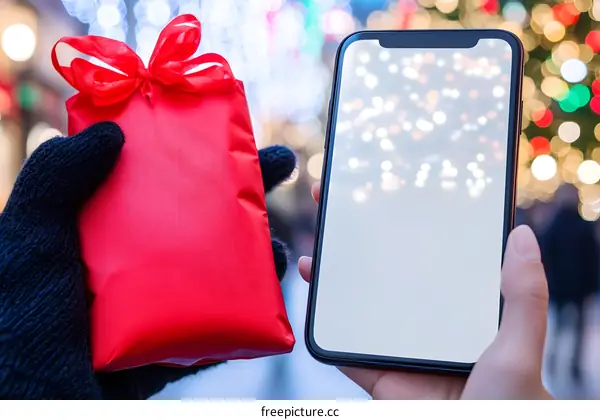 Person holding Christmas present and smartphone