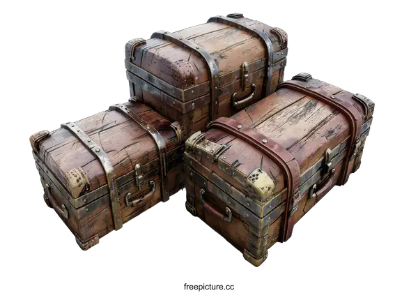 [Transparent Background PNG]Three old wooden chests on a black background