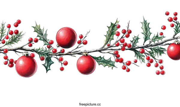 [Transparent Background PNG]Christmas Branch Border with Holly Berries and Ornaments