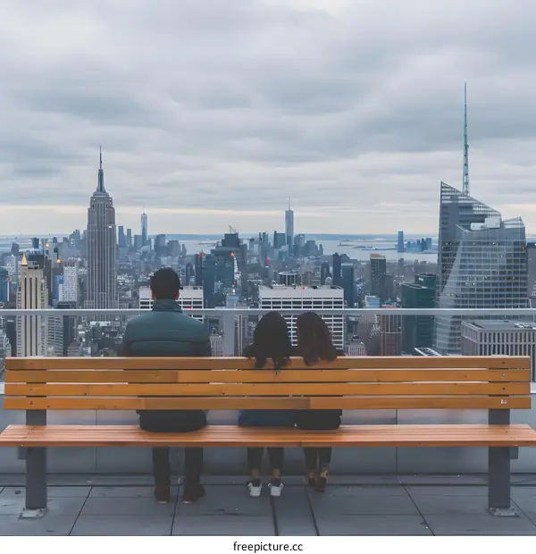 Three People Sitting On A Bench In Front Of New York City Skyline